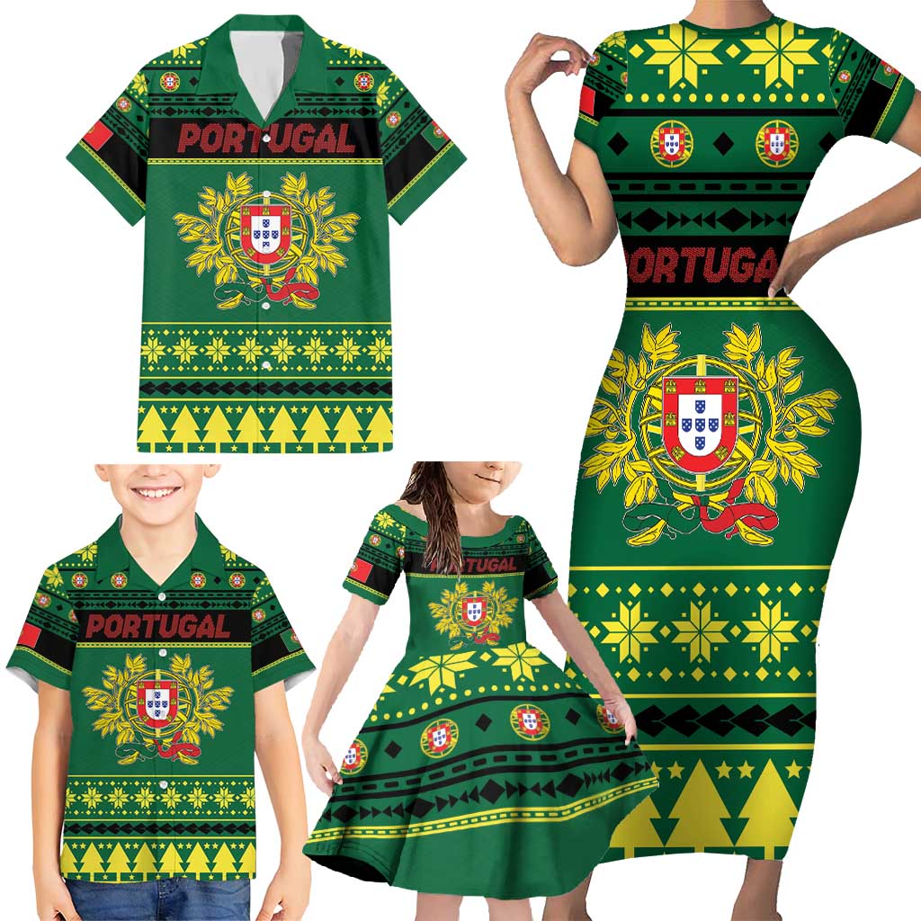 Personalized Portugal Christmas Family Matching Short Sleeve Bodycon Dress and Hawaiian Shirt Emblem With Flag Style - Wonder Print Shop
