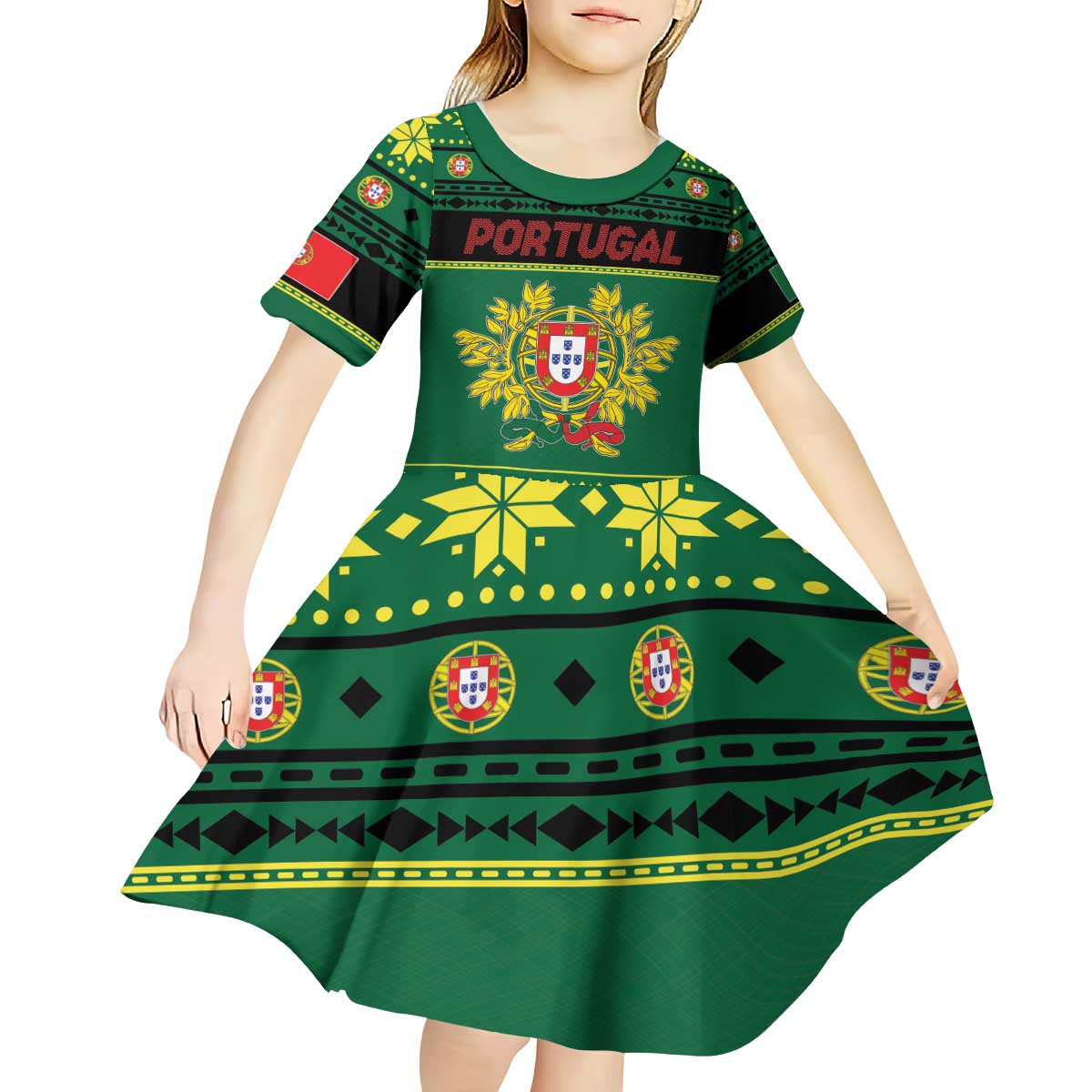 Personalized Portugal Christmas Kid Short Sleeve Dress Emblem With Flag Style - Wonder Print Shop