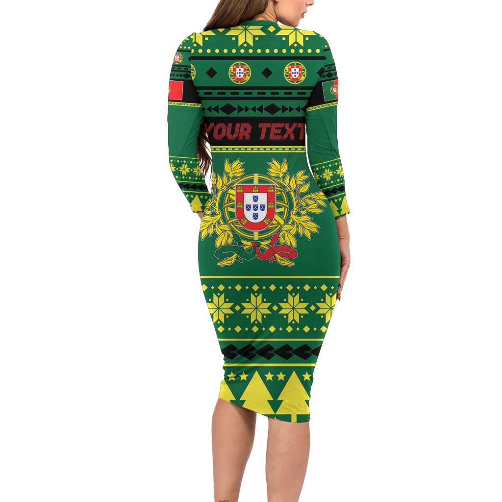 Personalized Portugal Christmas Long Sleeve Bodycon Dress Emblem With Flag Style - Wonder Print Shop