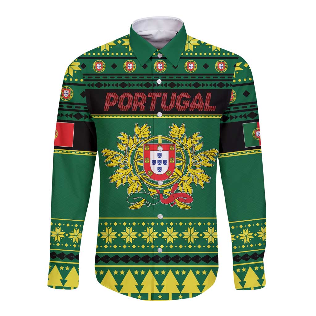 Personalized Portugal Christmas Long Sleeve Button Shirt Emblem With Flag Style - Wonder Print Shop