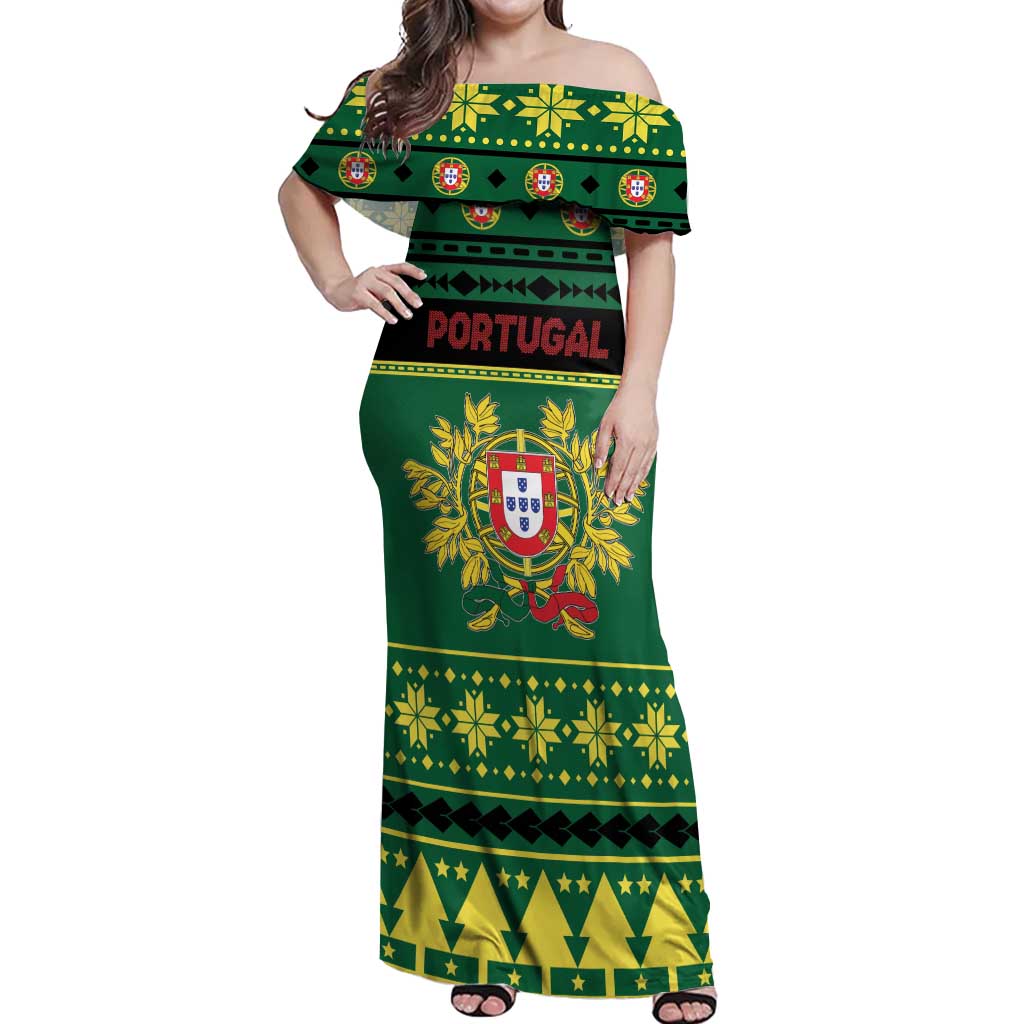 Personalized Portugal Christmas Off Shoulder Maxi Dress Emblem With Flag Style - Wonder Print Shop