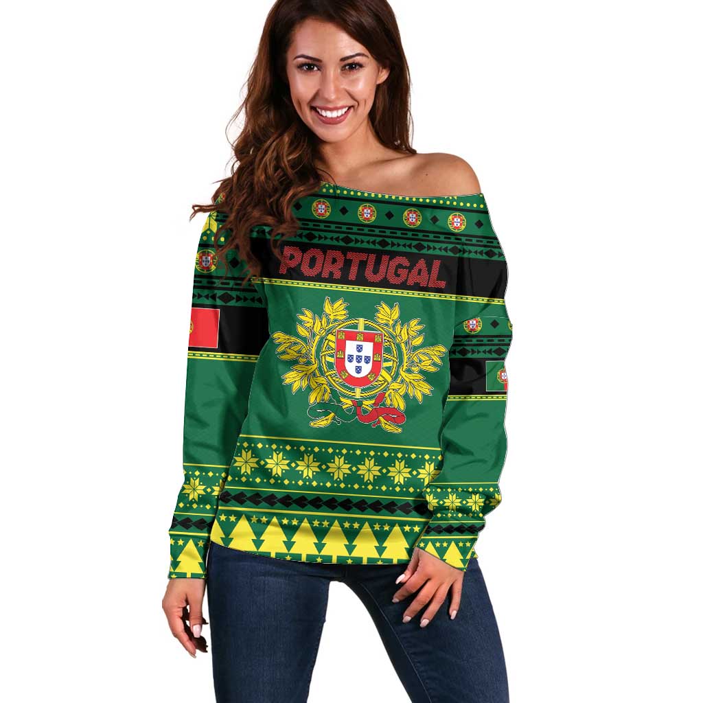 Personalized Portugal Christmas Off Shoulder Sweater Emblem With Flag Style - Wonder Print Shop