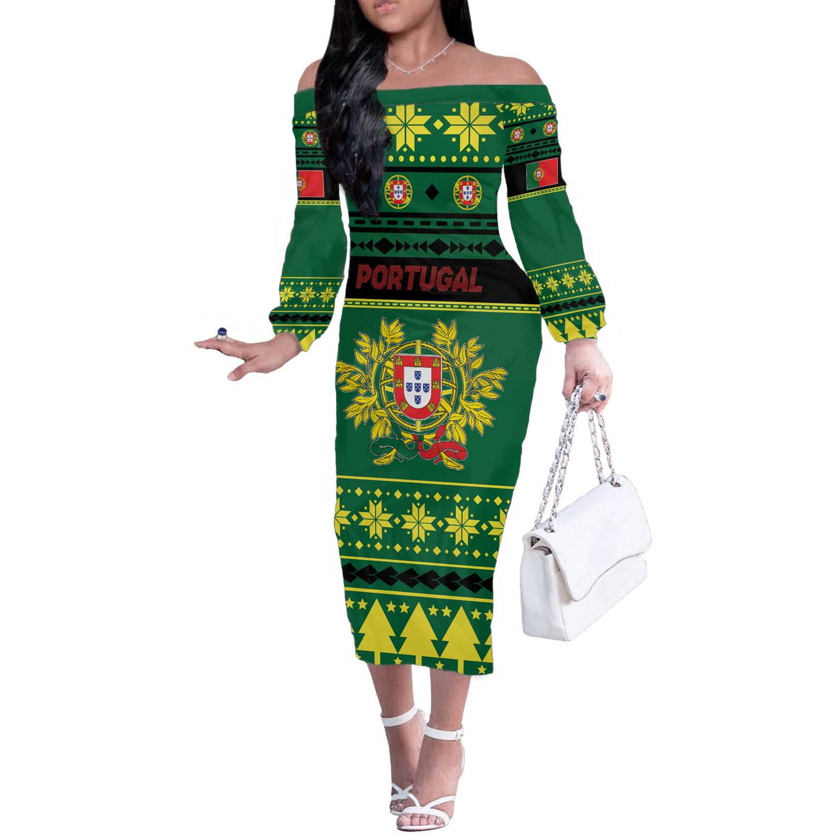 Personalized Portugal Christmas Off The Shoulder Long Sleeve Dress Emblem With Flag Style - Wonder Print Shop
