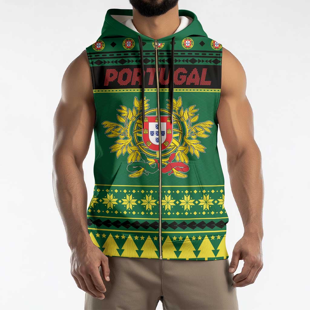 Personalized Portugal Christmas Sleeveless Zip Hoodie Emblem With Flag Style - Wonder Print Shop