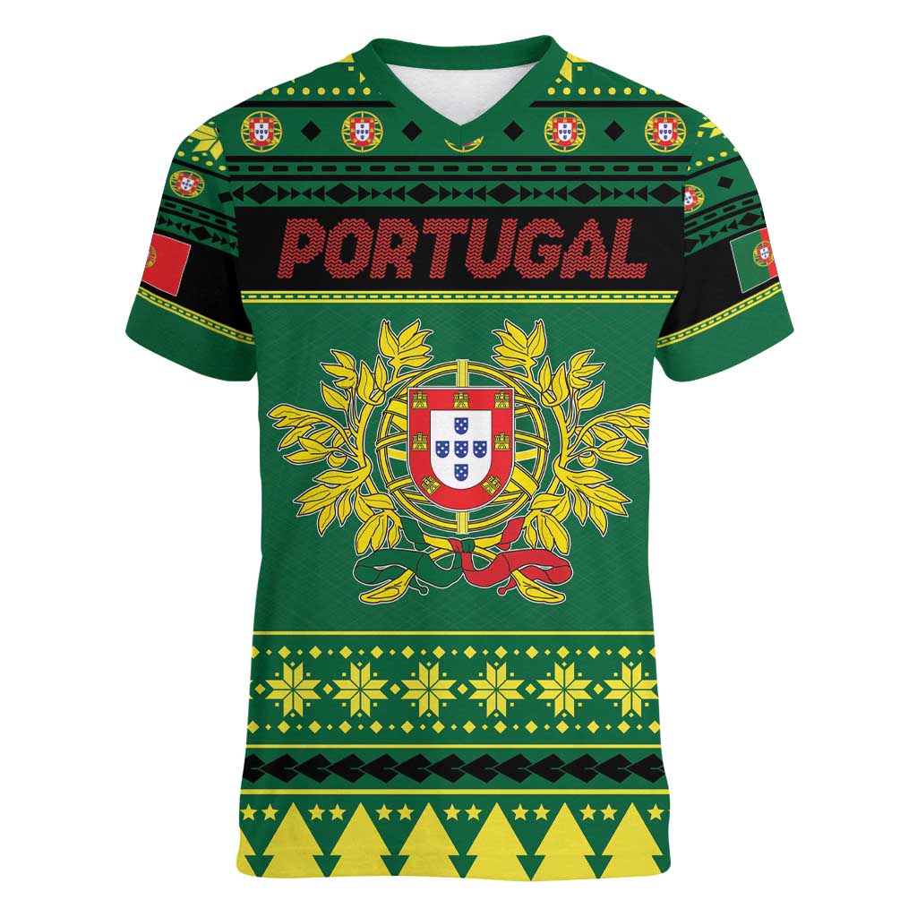 Personalized Portugal Christmas Women V-Neck T-Shirt Emblem With Flag Style - Wonder Print Shop