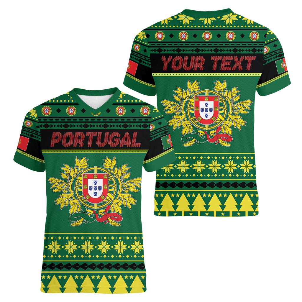 Personalized Portugal Christmas Women V-Neck T-Shirt Emblem With Flag Style - Wonder Print Shop