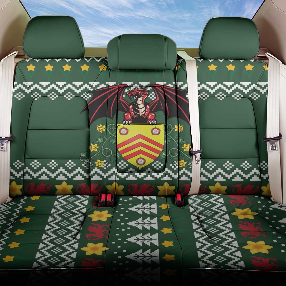 Glamorgan Wales Christmas Back Car Seat Cover Cymru Dragon And Daffodil - Wonder Print Shop