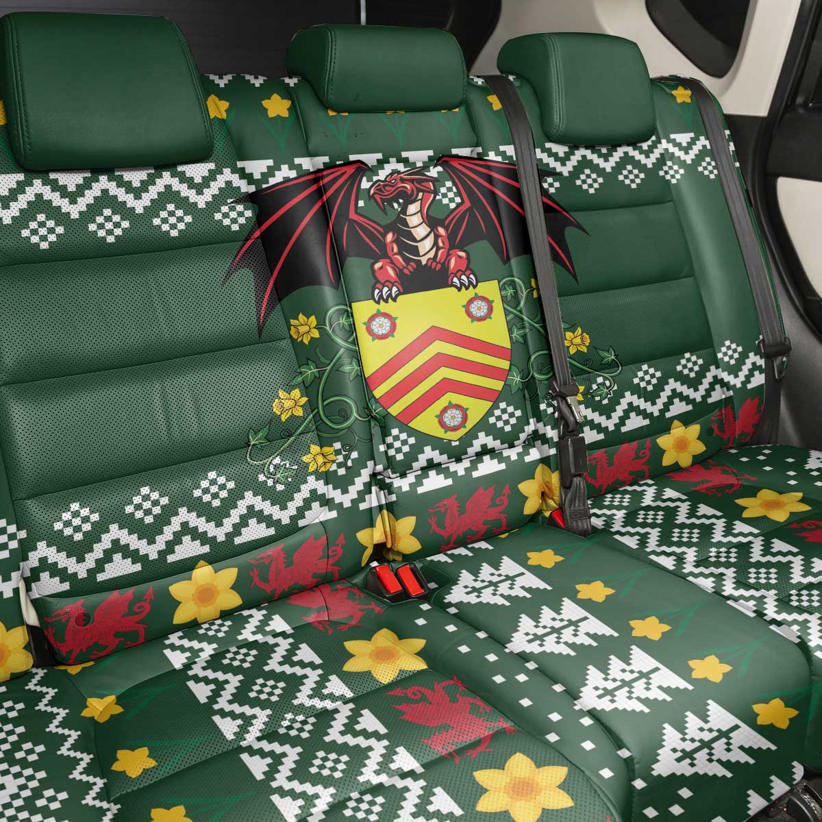Glamorgan Wales Christmas Back Car Seat Cover Cymru Dragon And Daffodil - Wonder Print Shop