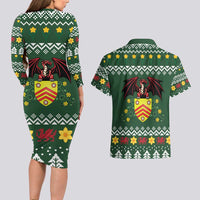 Glamorgan Wales Christmas Couples Matching Long Sleeve Bodycon Dress and Hawaiian Shirt Cymru Dragon And Daffodil - Wonder Print Shop