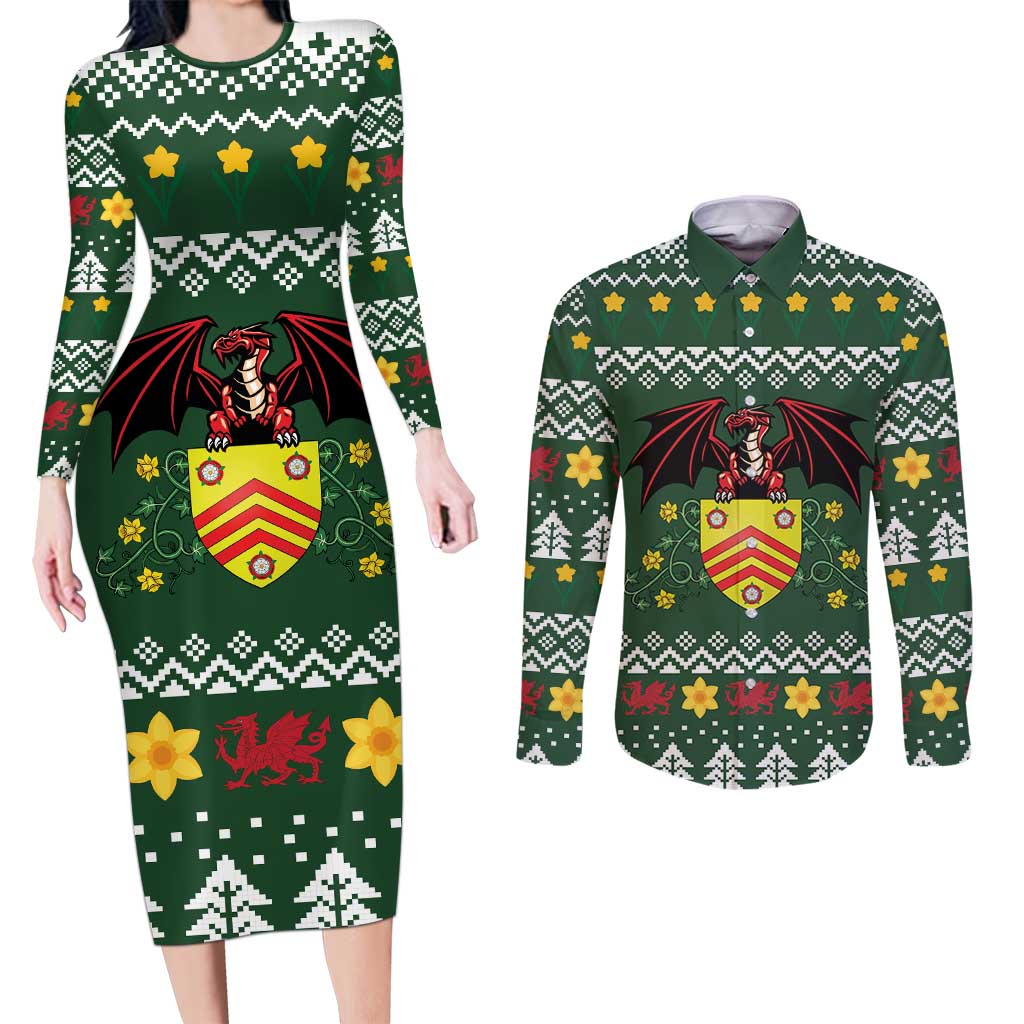 Glamorgan Wales Christmas Couples Matching Long Sleeve Bodycon Dress and Long Sleeve Button Shirt Cymru Dragon And Daffodil - Wonder Print Shop