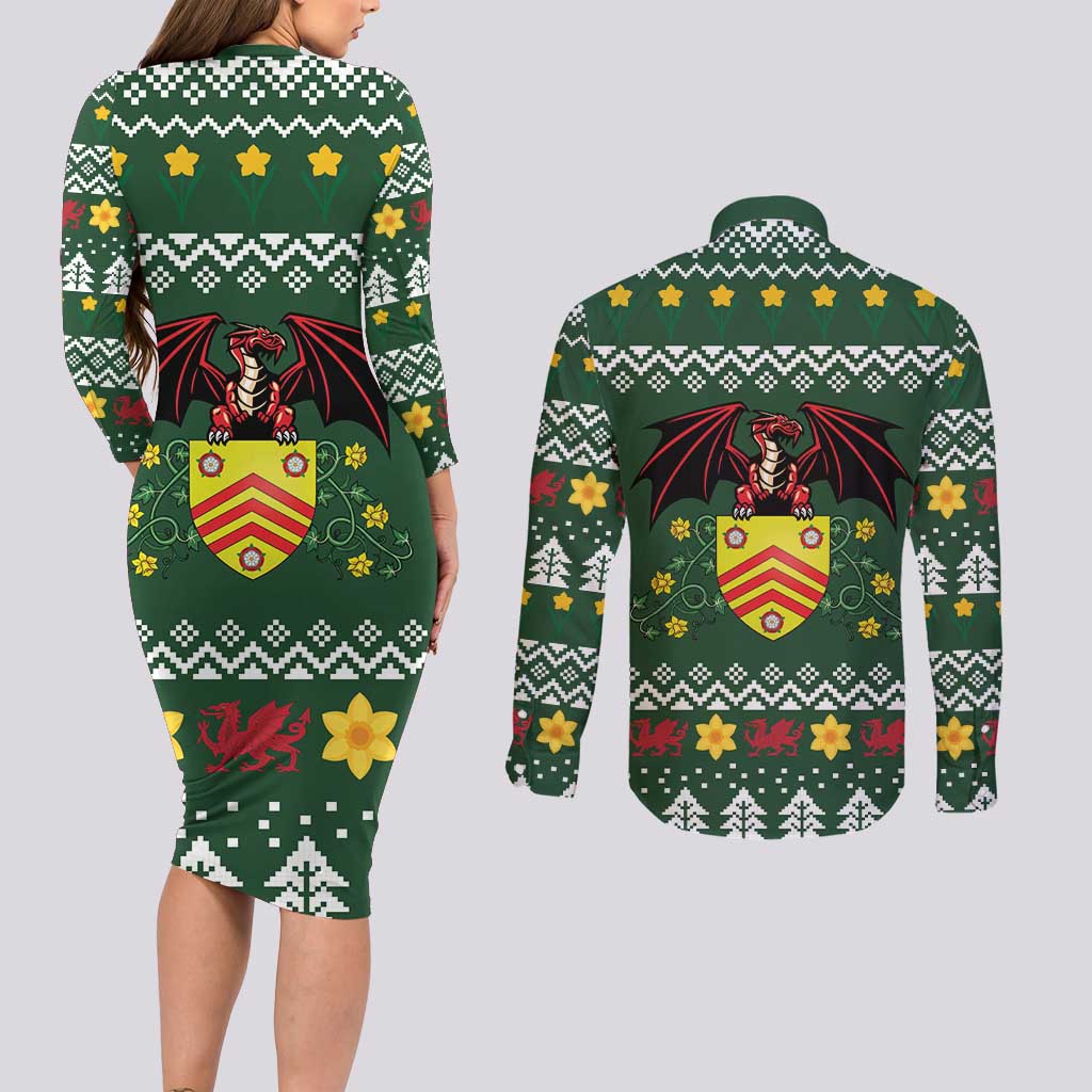 Glamorgan Wales Christmas Couples Matching Long Sleeve Bodycon Dress and Long Sleeve Button Shirt Cymru Dragon And Daffodil - Wonder Print Shop