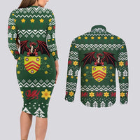 Glamorgan Wales Christmas Couples Matching Long Sleeve Bodycon Dress and Long Sleeve Button Shirt Cymru Dragon And Daffodil - Wonder Print Shop
