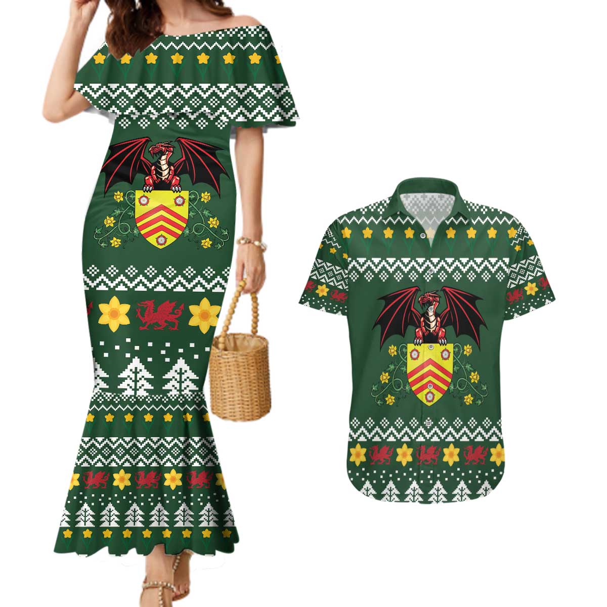 Glamorgan Wales Christmas Couples Matching Mermaid Dress and Hawaiian Shirt Cymru Dragon And Daffodil - Wonder Print Shop