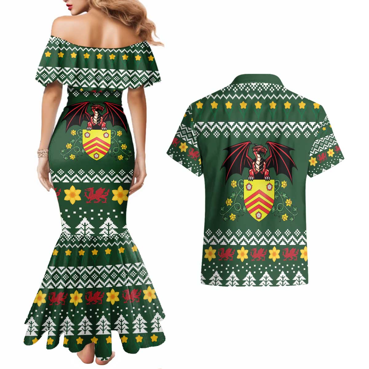 Glamorgan Wales Christmas Couples Matching Mermaid Dress and Hawaiian Shirt Cymru Dragon And Daffodil - Wonder Print Shop
