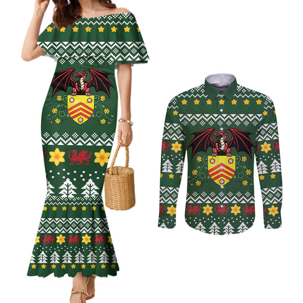 Glamorgan Wales Christmas Couples Matching Mermaid Dress and Long Sleeve Button Shirt Cymru Dragon And Daffodil - Wonder Print Shop