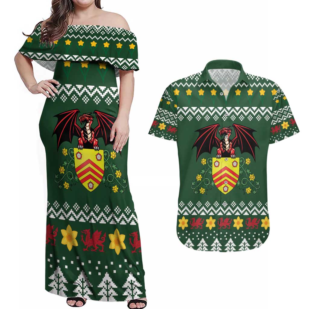Glamorgan Wales Christmas Couples Matching Off Shoulder Maxi Dress and Hawaiian Shirt Cymru Dragon And Daffodil - Wonder Print Shop