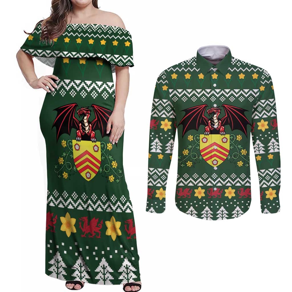 Glamorgan Wales Christmas Couples Matching Off Shoulder Maxi Dress and Long Sleeve Button Shirt Cymru Dragon And Daffodil - Wonder Print Shop