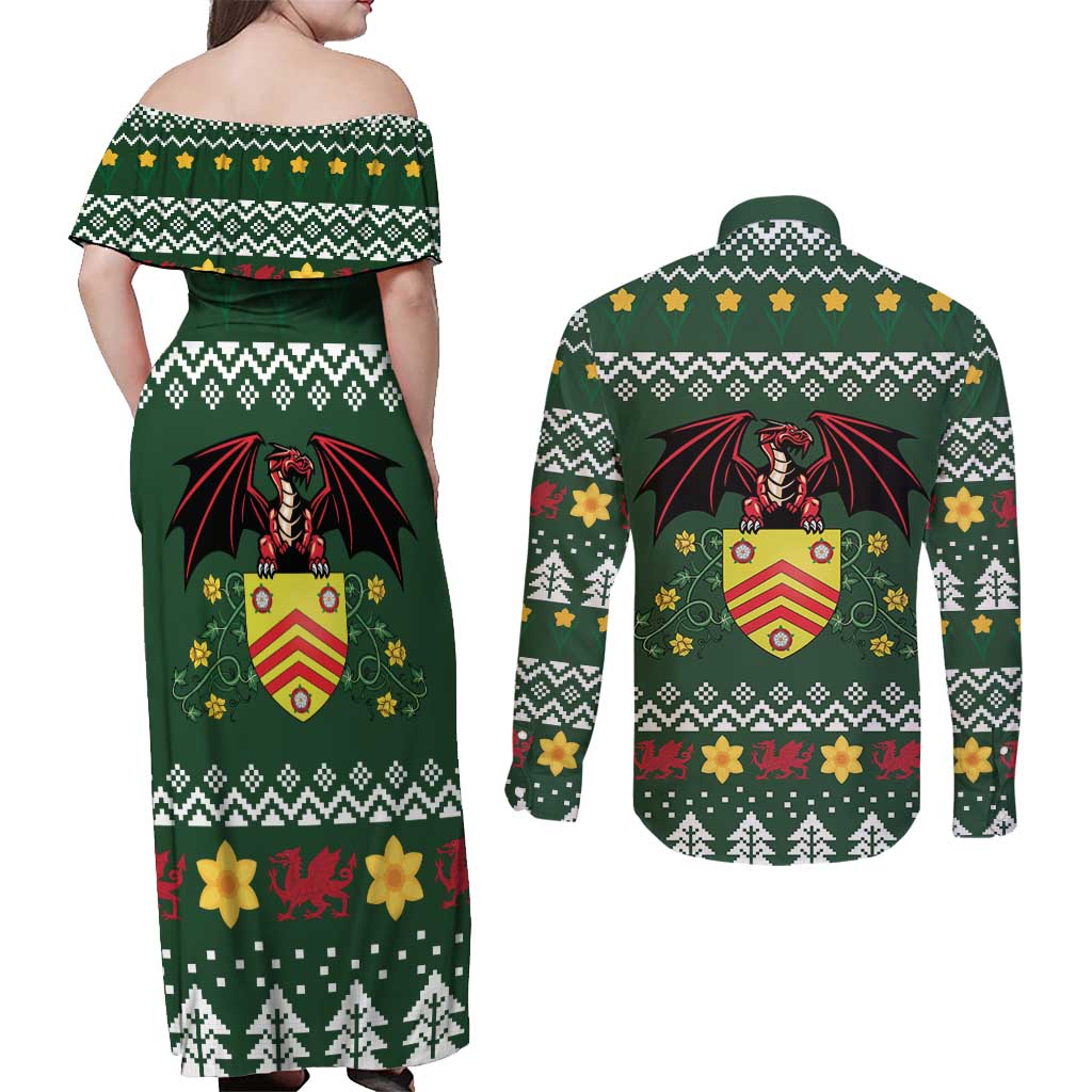 Glamorgan Wales Christmas Couples Matching Off Shoulder Maxi Dress and Long Sleeve Button Shirt Cymru Dragon And Daffodil - Wonder Print Shop