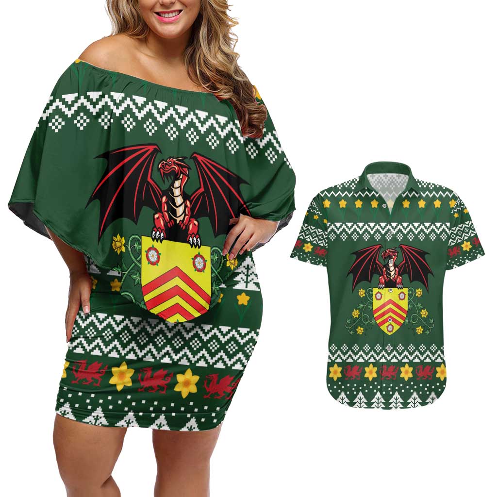 Glamorgan Wales Christmas Couples Matching Off Shoulder Short Dress and Hawaiian Shirt Cymru Dragon And Daffodil - Wonder Print Shop