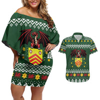 Glamorgan Wales Christmas Couples Matching Off Shoulder Short Dress and Hawaiian Shirt Cymru Dragon And Daffodil - Wonder Print Shop