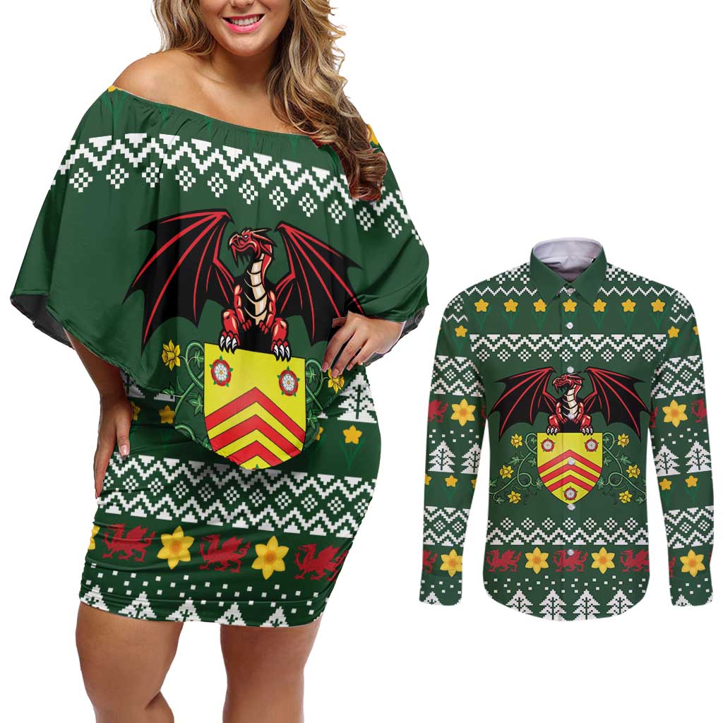 Glamorgan Wales Christmas Couples Matching Off Shoulder Short Dress and Long Sleeve Button Shirt Cymru Dragon And Daffodil - Wonder Print Shop