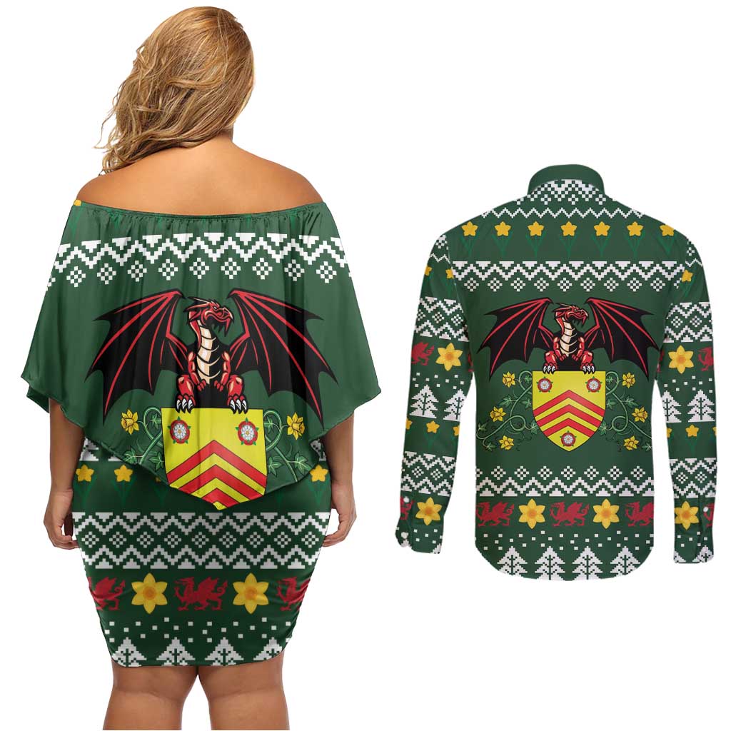 Glamorgan Wales Christmas Couples Matching Off Shoulder Short Dress and Long Sleeve Button Shirt Cymru Dragon And Daffodil - Wonder Print Shop
