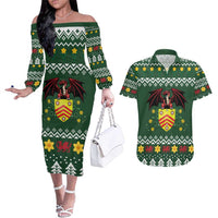Glamorgan Wales Christmas Couples Matching Off The Shoulder Long Sleeve Dress and Hawaiian Shirt Cymru Dragon And Daffodil - Wonder Print Shop