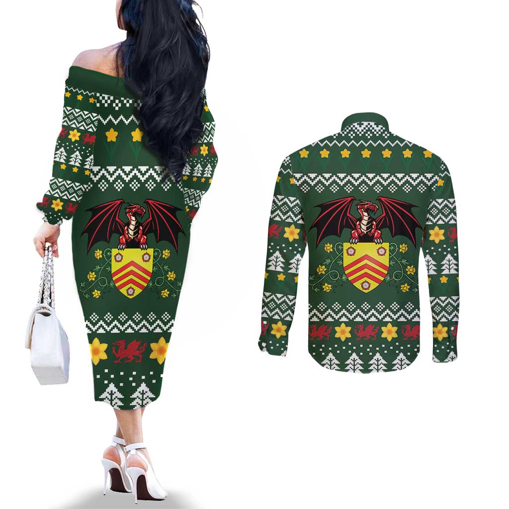 Glamorgan Wales Christmas Couples Matching Off The Shoulder Long Sleeve Dress and Long Sleeve Button Shirt Cymru Dragon And Daffodil - Wonder Print Shop