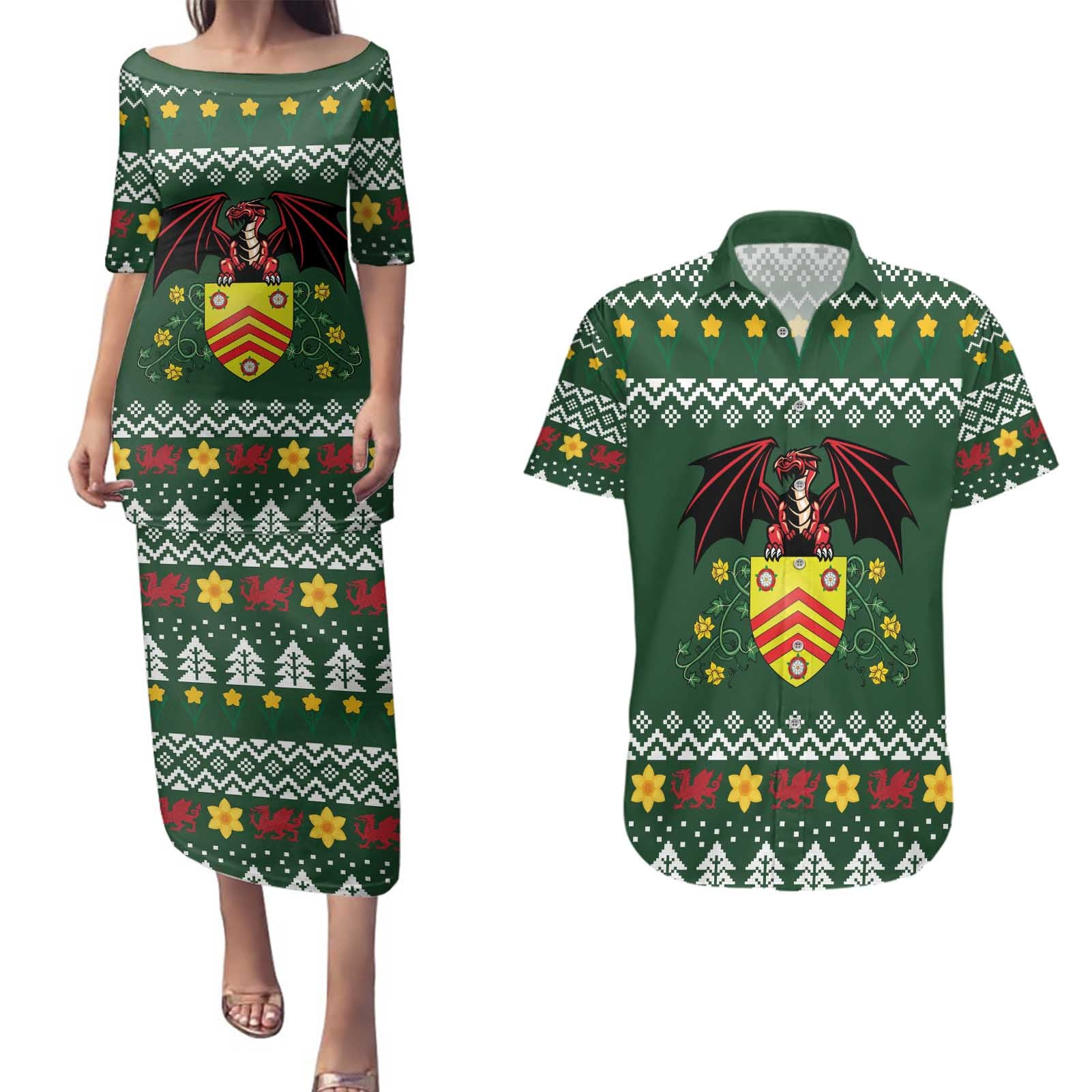 Glamorgan Wales Christmas Couples Matching Puletasi and Hawaiian Shirt Cymru Dragon And Daffodil - Wonder Print Shop