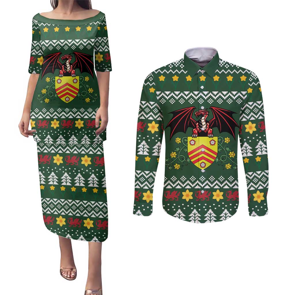 Glamorgan Wales Christmas Couples Matching Puletasi and Long Sleeve Button Shirt Cymru Dragon And Daffodil - Wonder Print Shop