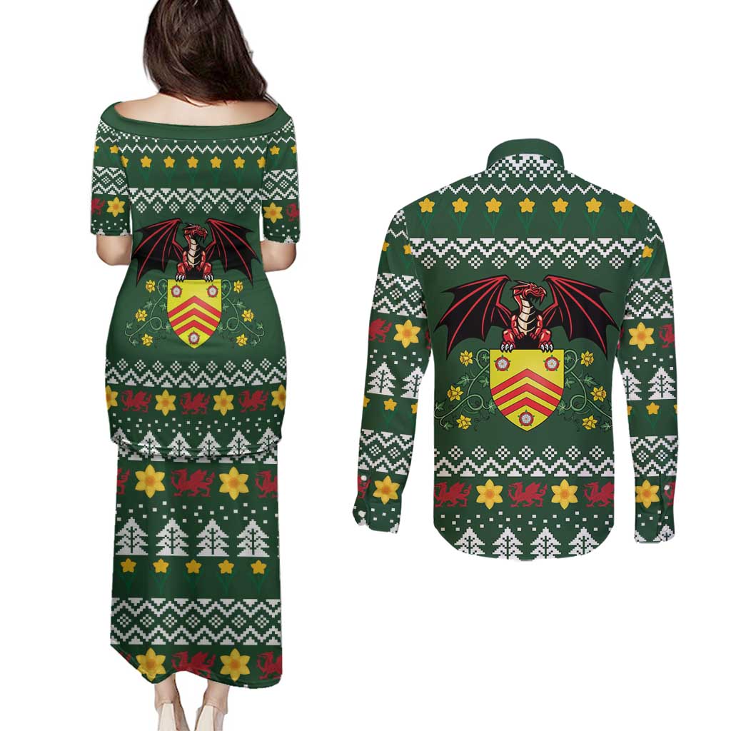 Glamorgan Wales Christmas Couples Matching Puletasi and Long Sleeve Button Shirt Cymru Dragon And Daffodil - Wonder Print Shop