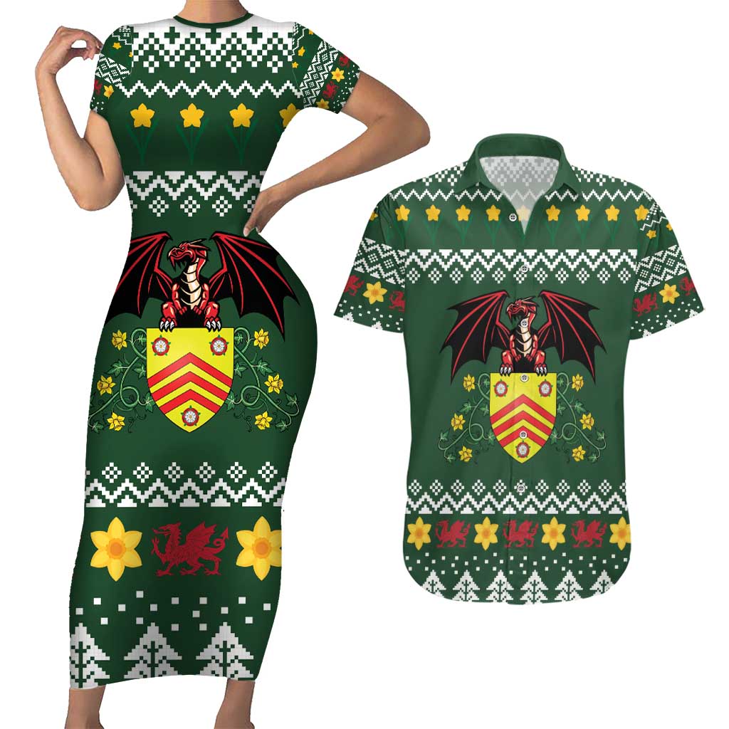Glamorgan Wales Christmas Couples Matching Short Sleeve Bodycon Dress and Hawaiian Shirt Cymru Dragon And Daffodil - Wonder Print Shop
