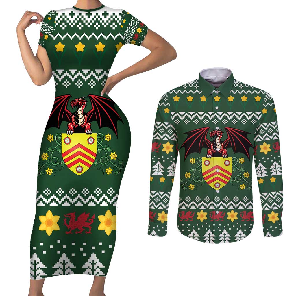 Glamorgan Wales Christmas Couples Matching Short Sleeve Bodycon Dress and Long Sleeve Button Shirt Cymru Dragon And Daffodil - Wonder Print Shop