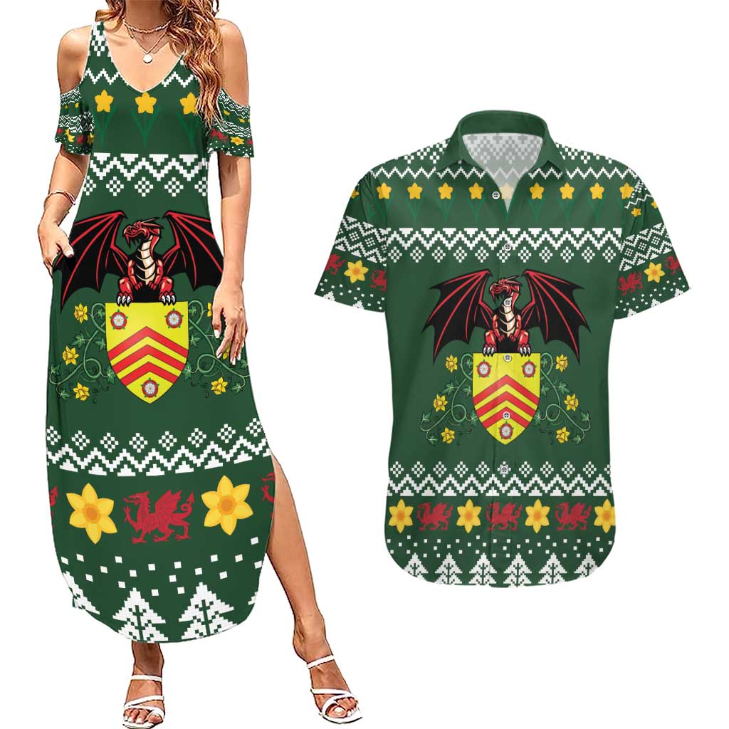 Glamorgan Wales Christmas Couples Matching Summer Maxi Dress and Hawaiian Shirt Cymru Dragon And Daffodil - Wonder Print Shop