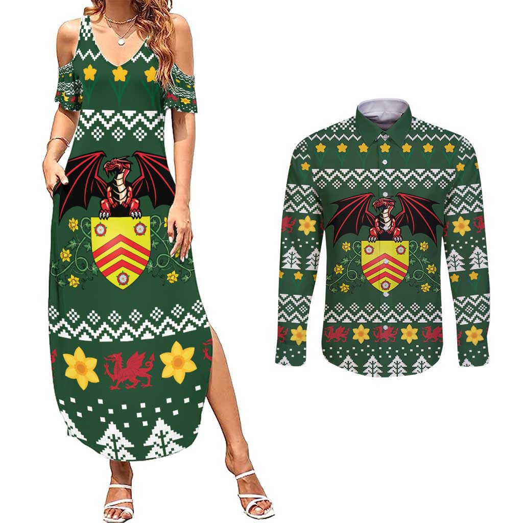 Glamorgan Wales Christmas Couples Matching Summer Maxi Dress and Long Sleeve Button Shirt Cymru Dragon And Daffodil - Wonder Print Shop