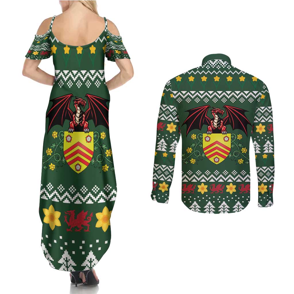 Glamorgan Wales Christmas Couples Matching Summer Maxi Dress and Long Sleeve Button Shirt Cymru Dragon And Daffodil - Wonder Print Shop