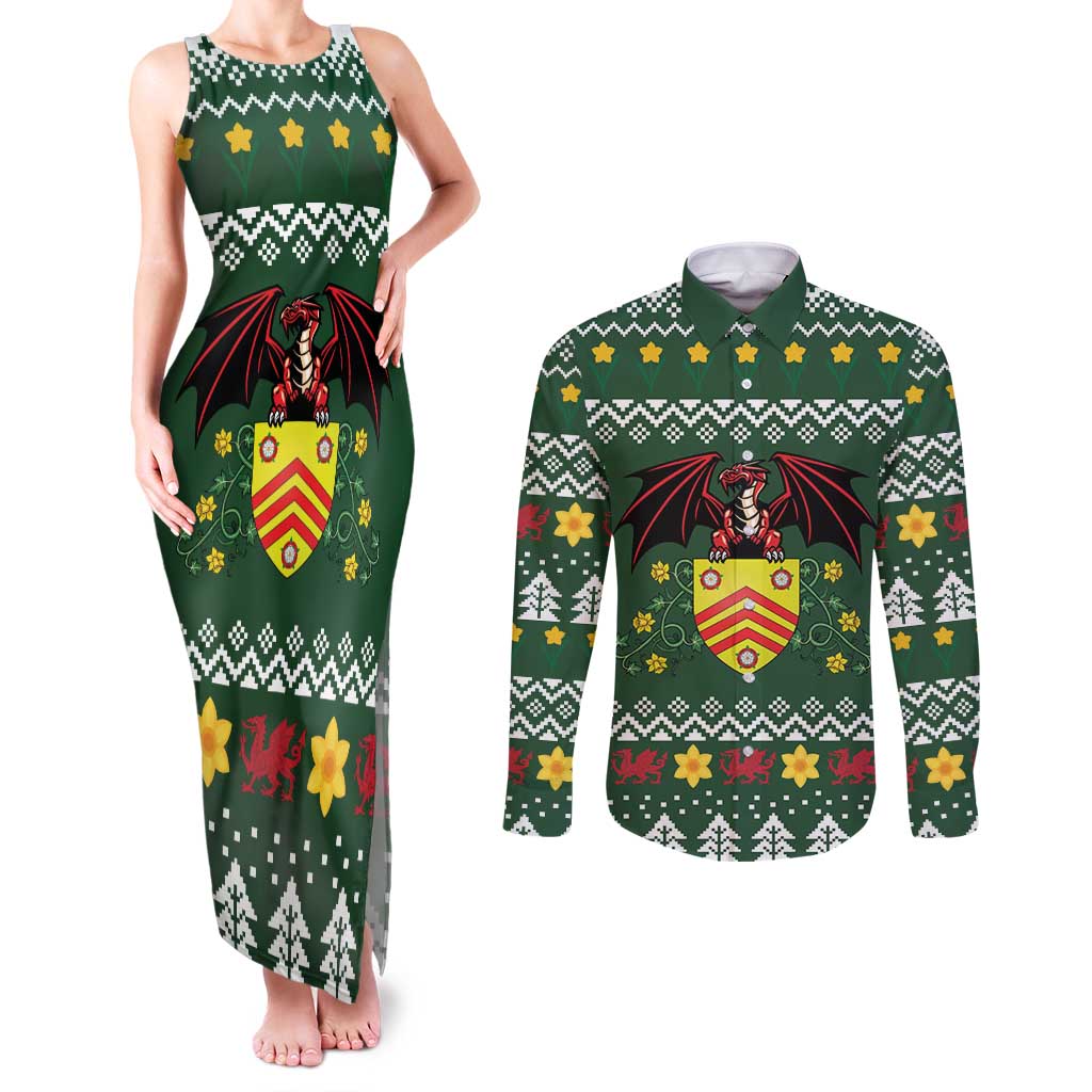 Glamorgan Wales Christmas Couples Matching Tank Maxi Dress and Long Sleeve Button Shirt Cymru Dragon And Daffodil - Wonder Print Shop