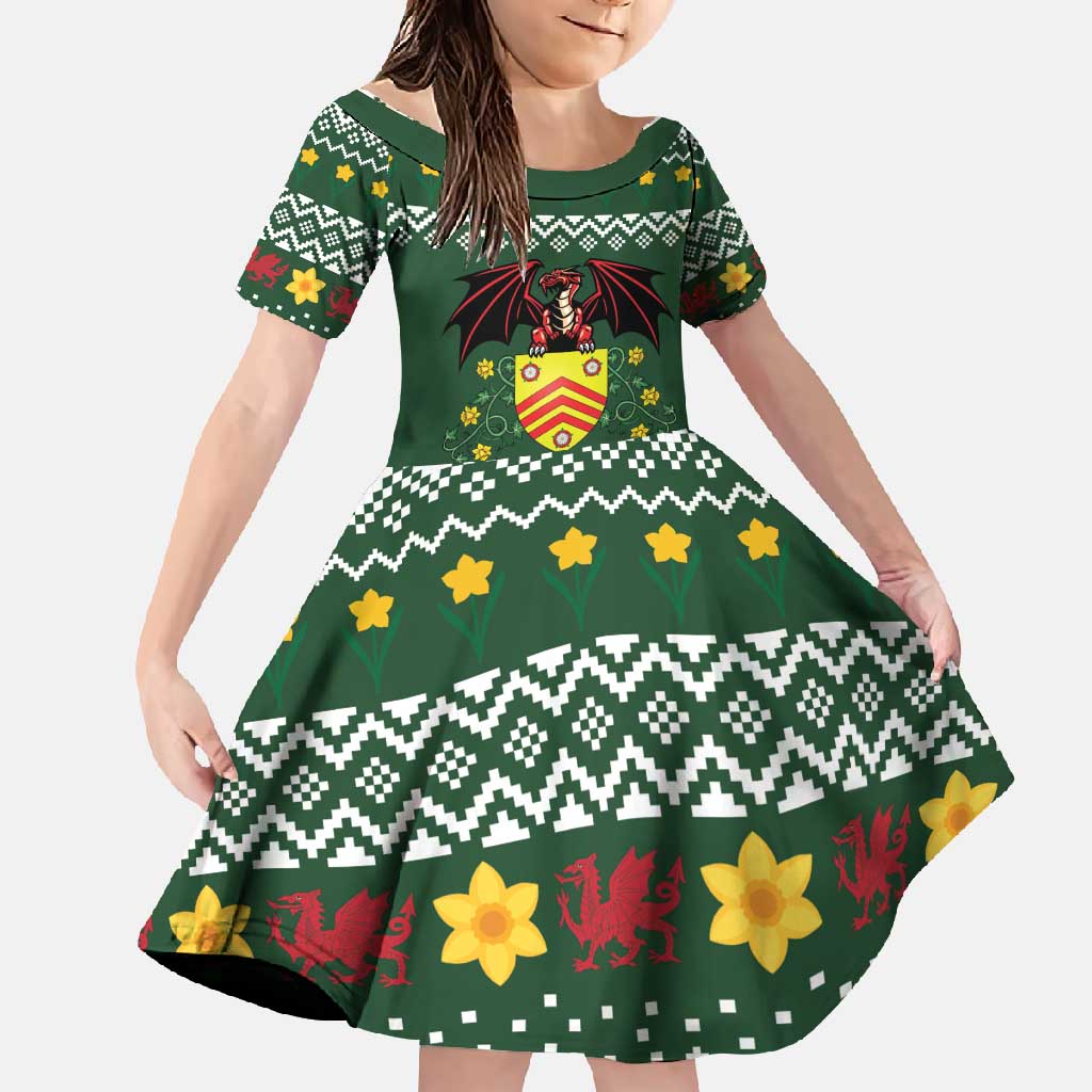Glamorgan Wales Christmas Family Matching Long Sleeve Bodycon Dress and Hawaiian Shirt Cymru Dragon And Daffodil - Wonder Print Shop