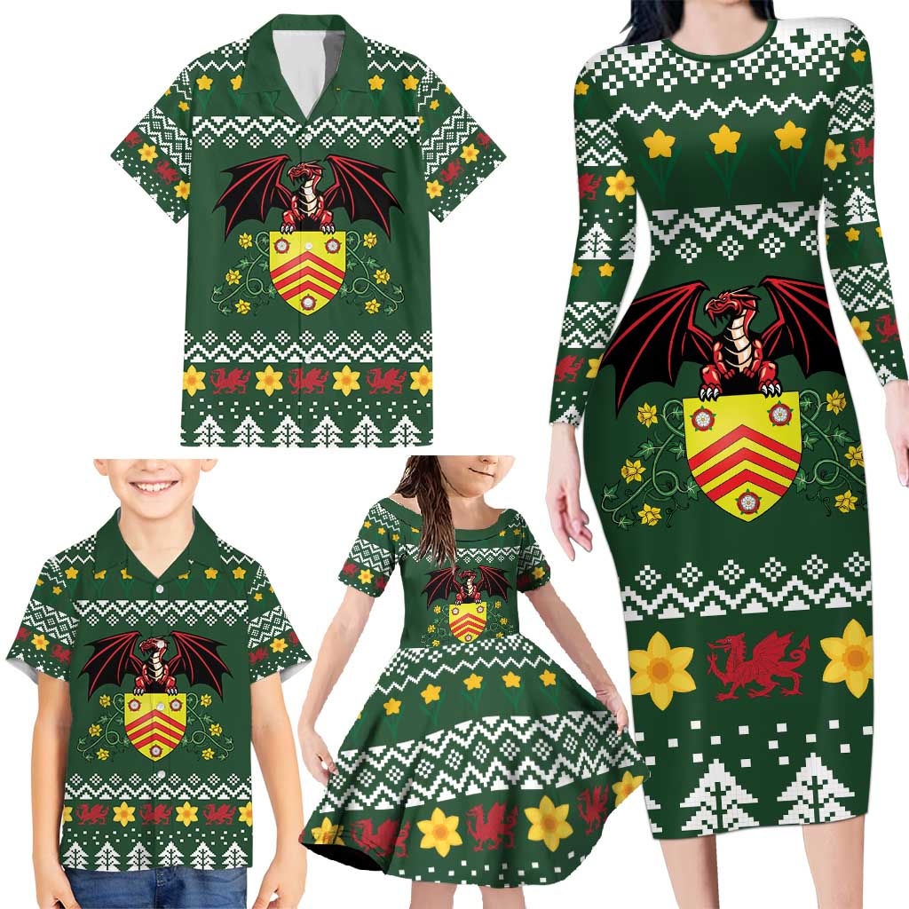 Glamorgan Wales Christmas Family Matching Long Sleeve Bodycon Dress and Hawaiian Shirt Cymru Dragon And Daffodil - Wonder Print Shop