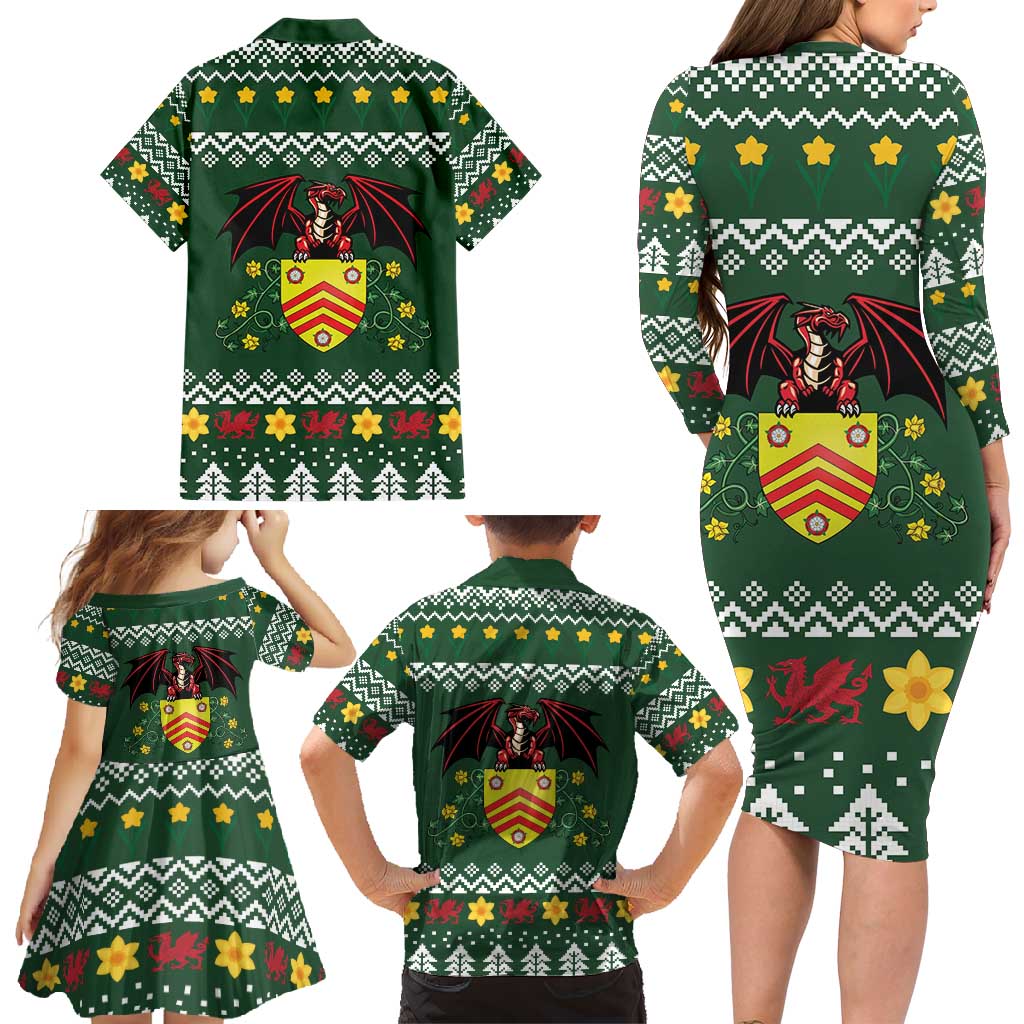 Glamorgan Wales Christmas Family Matching Long Sleeve Bodycon Dress and Hawaiian Shirt Cymru Dragon And Daffodil - Wonder Print Shop