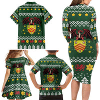 Glamorgan Wales Christmas Family Matching Long Sleeve Bodycon Dress and Hawaiian Shirt Cymru Dragon And Daffodil - Wonder Print Shop