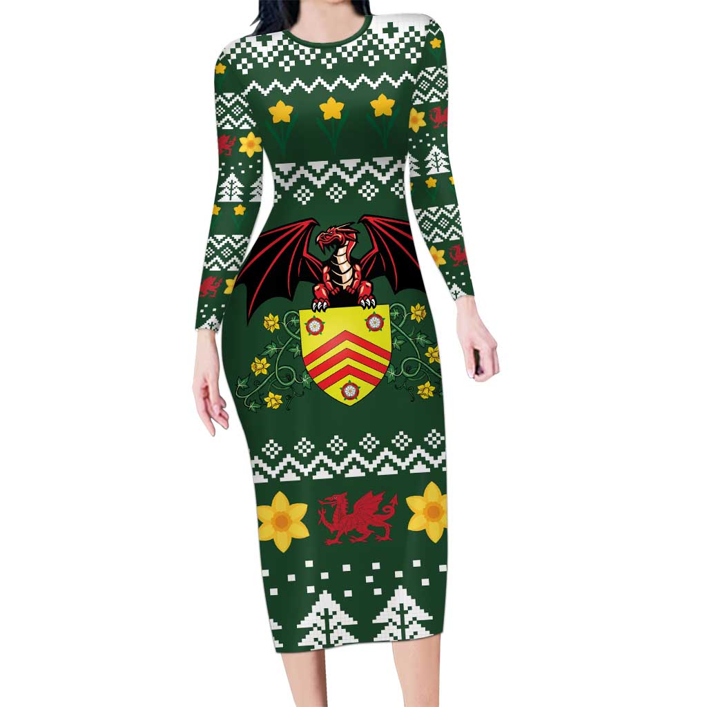 Glamorgan Wales Christmas Family Matching Long Sleeve Bodycon Dress and Hawaiian Shirt Cymru Dragon And Daffodil - Wonder Print Shop