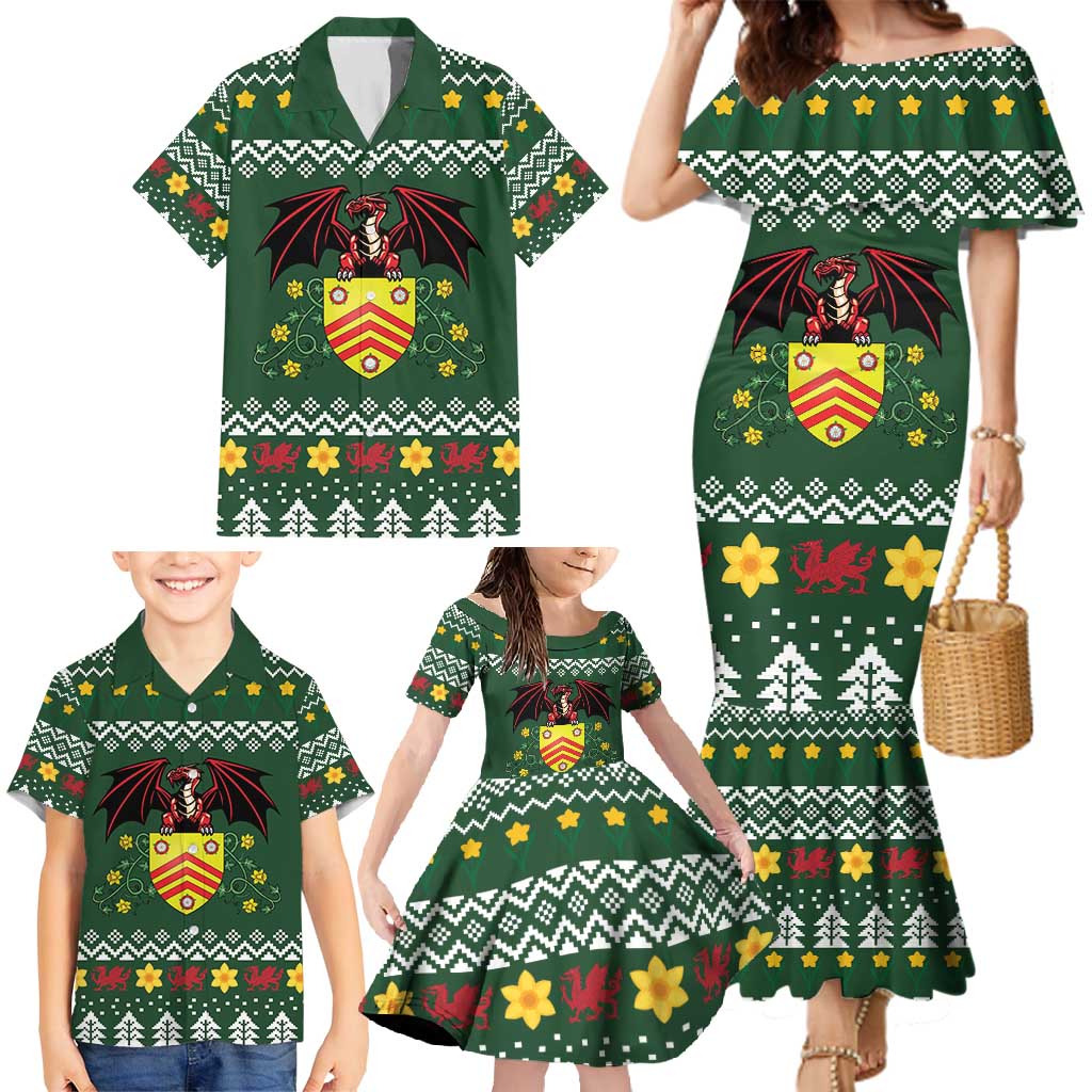 Glamorgan Wales Christmas Family Matching Mermaid Dress and Hawaiian Shirt Cymru Dragon And Daffodil - Wonder Print Shop