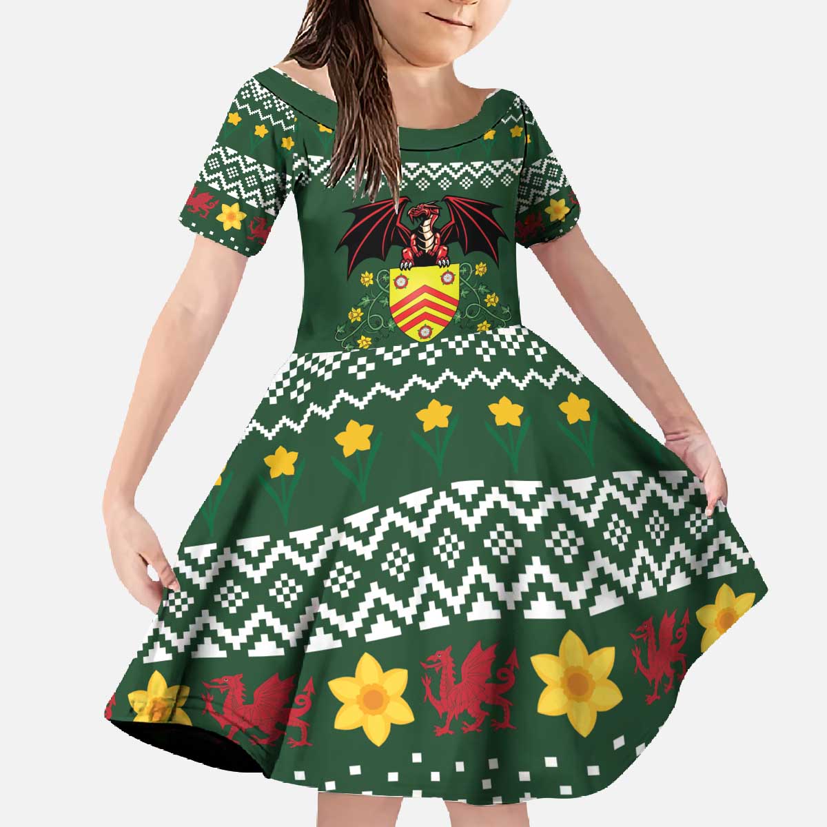Glamorgan Wales Christmas Family Matching Off The Shoulder Long Sleeve Dress and Hawaiian Shirt Cymru Dragon And Daffodil - Wonder Print Shop