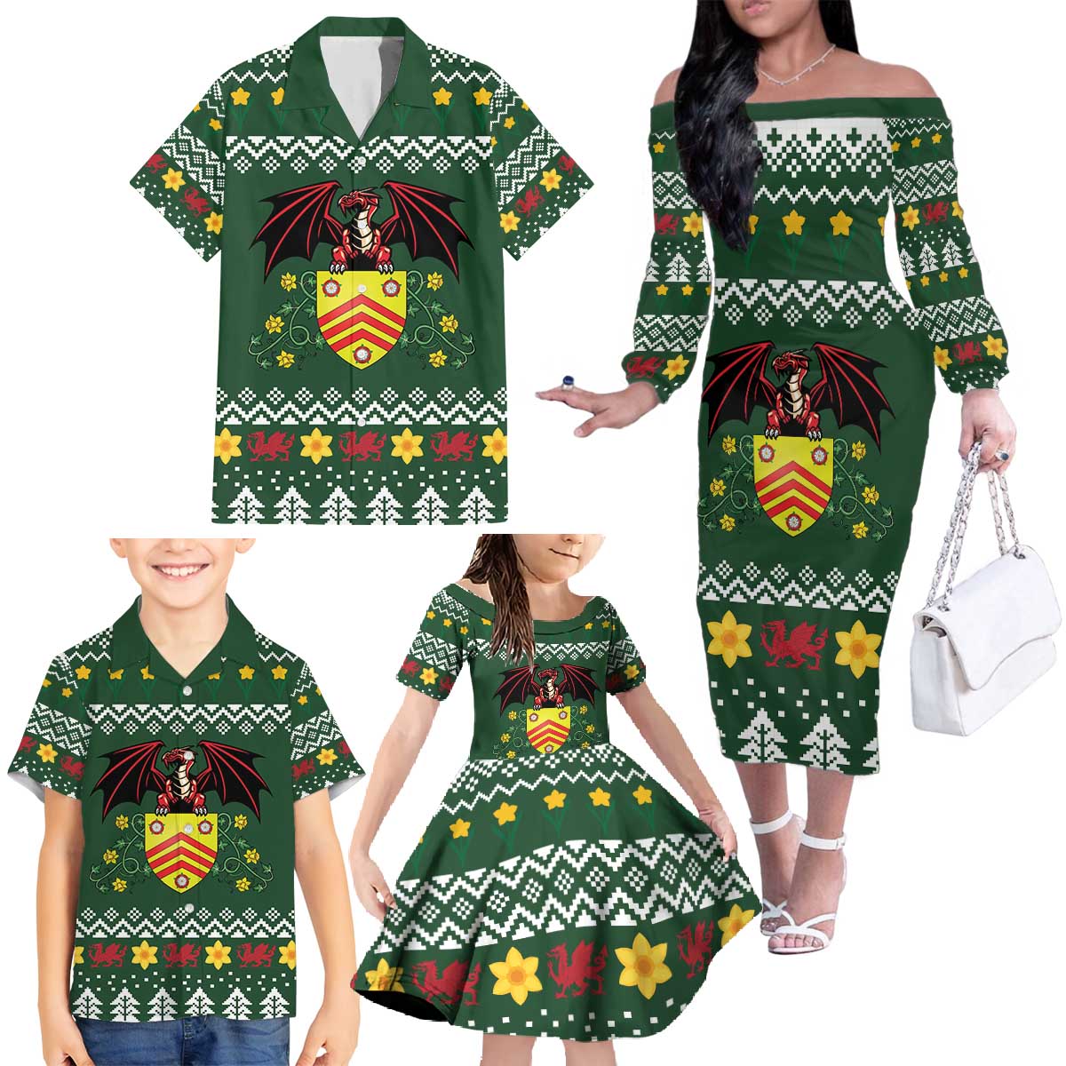 Glamorgan Wales Christmas Family Matching Off The Shoulder Long Sleeve Dress and Hawaiian Shirt Cymru Dragon And Daffodil - Wonder Print Shop
