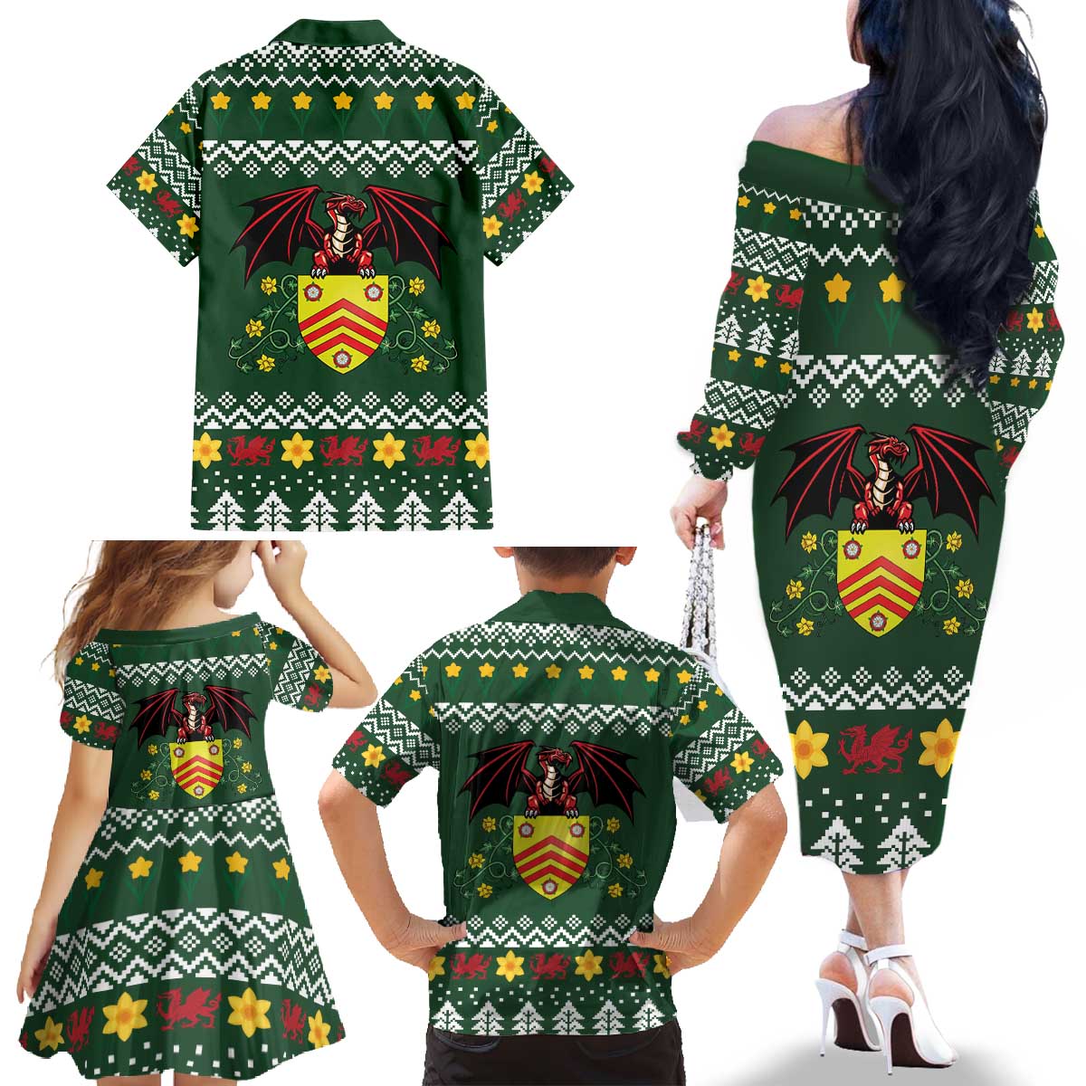 Glamorgan Wales Christmas Family Matching Off The Shoulder Long Sleeve Dress and Hawaiian Shirt Cymru Dragon And Daffodil - Wonder Print Shop