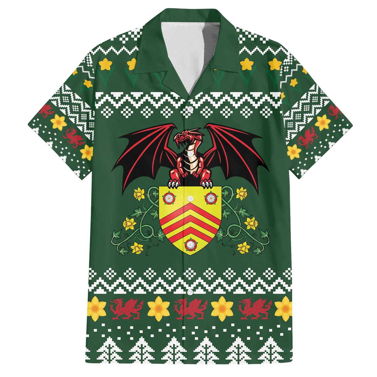 Glamorgan Wales Christmas Family Matching Off The Shoulder Long Sleeve Dress and Hawaiian Shirt Cymru Dragon And Daffodil - Wonder Print Shop
