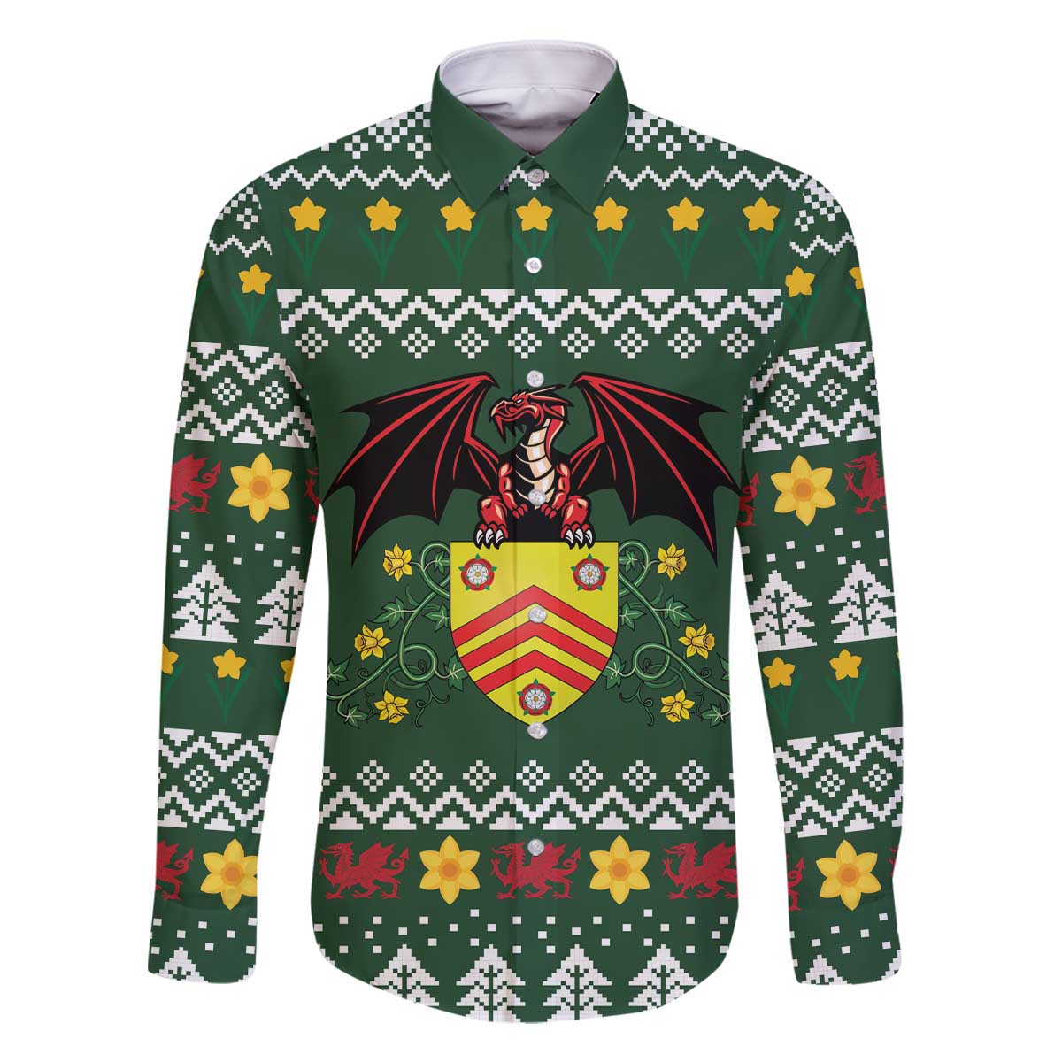 Glamorgan Wales Christmas Family Matching Off The Shoulder Long Sleeve Dress and Hawaiian Shirt Cymru Dragon And Daffodil - Wonder Print Shop