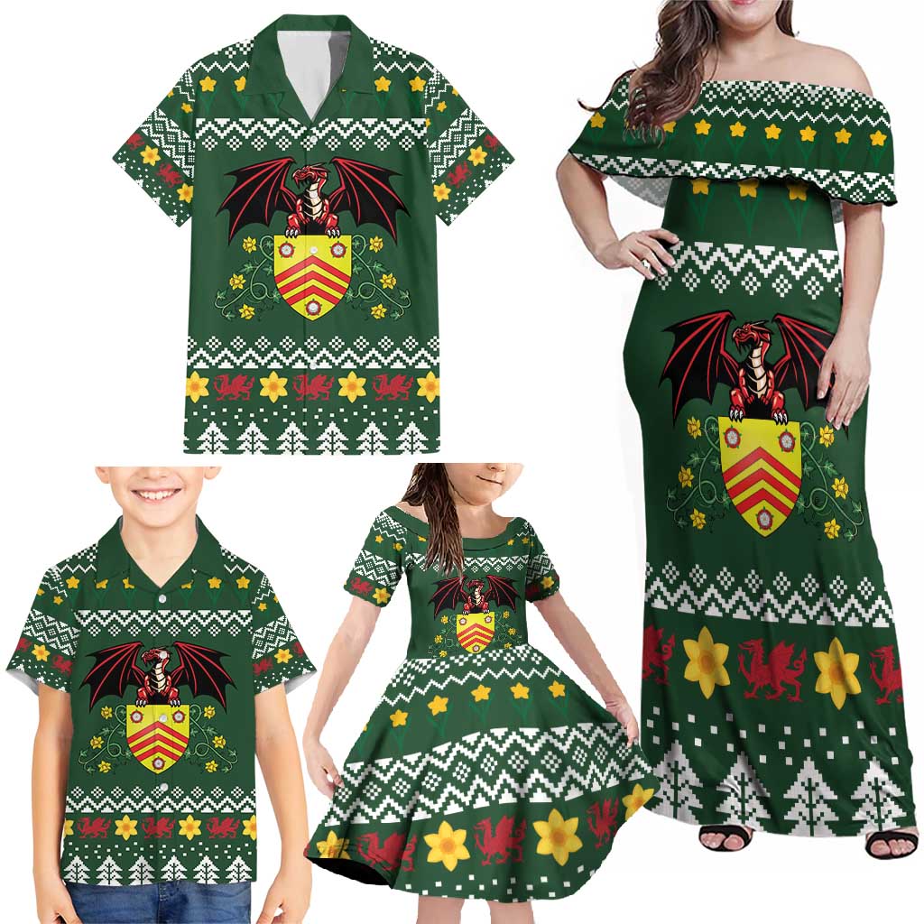 Glamorgan Wales Christmas Family Matching Off Shoulder Maxi Dress and Hawaiian Shirt Cymru Dragon And Daffodil - Wonder Print Shop