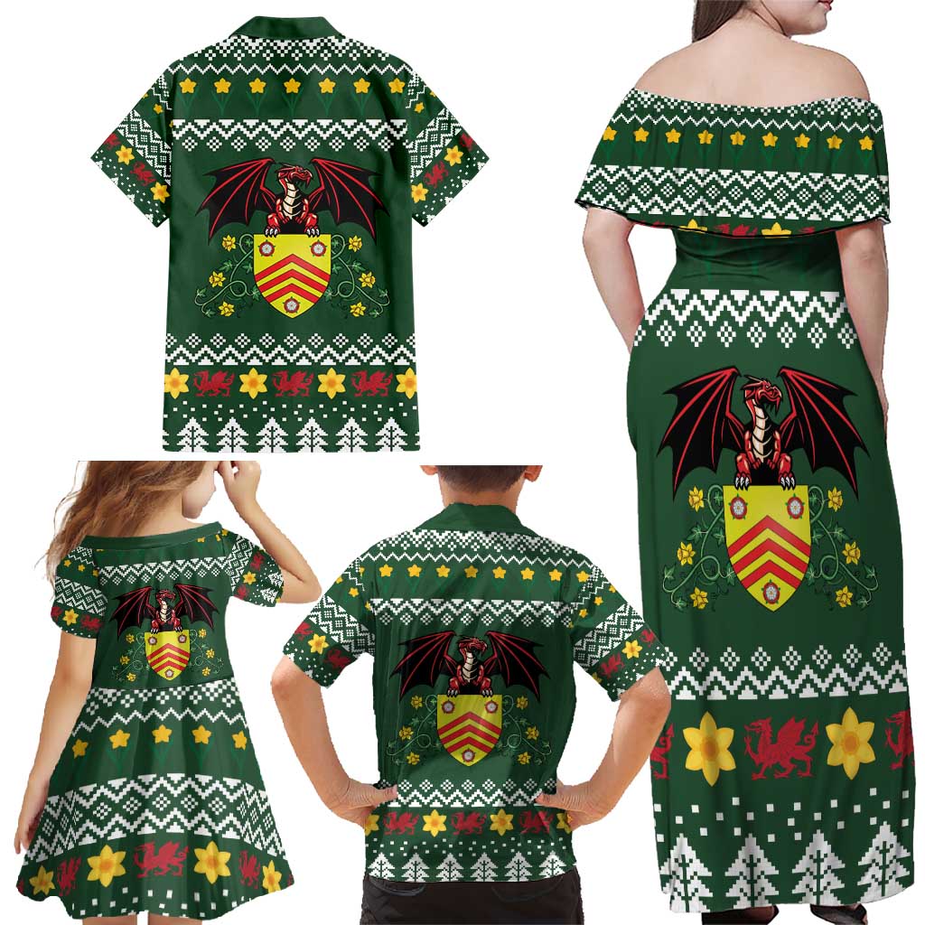 Glamorgan Wales Christmas Family Matching Off Shoulder Maxi Dress and Hawaiian Shirt Cymru Dragon And Daffodil - Wonder Print Shop